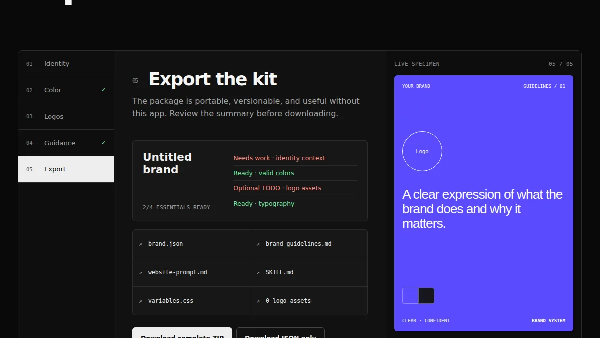 Brand Launch Kit export step listing brand JSON, guidelines, CSS variables, prompts, and logo assets