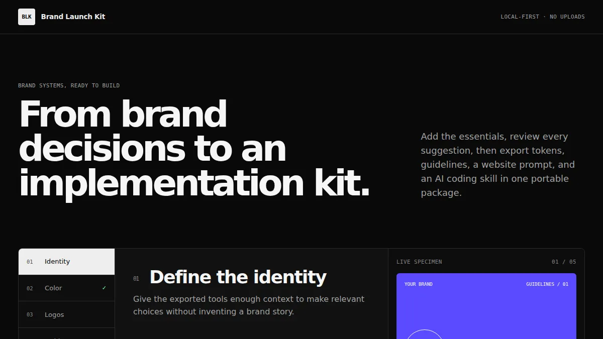 Brand Launch Kit identity step with editable brand fields and a live guideline preview