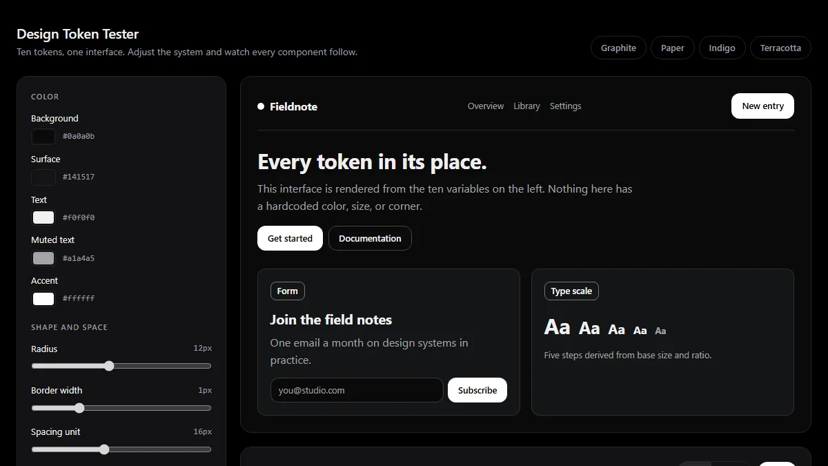 Design Token Tester showing ten editable variables beside a live interface preview