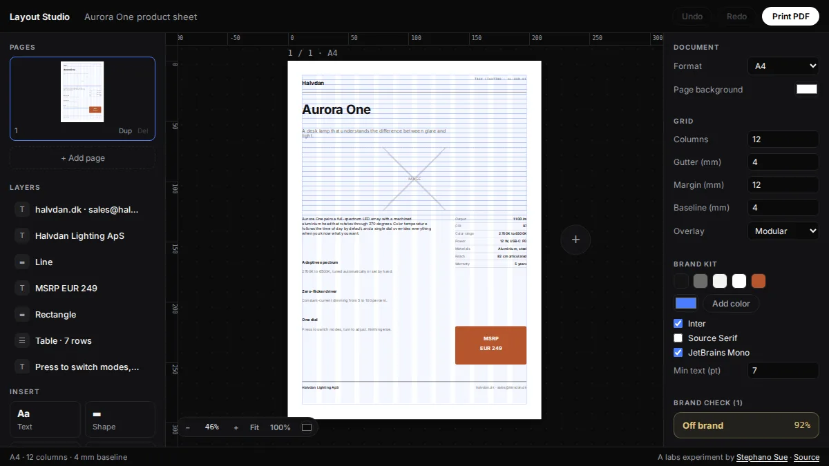 Layout Studio workspace showing an A4 product-sheet template, page layers, grid controls, and brand-rule checks