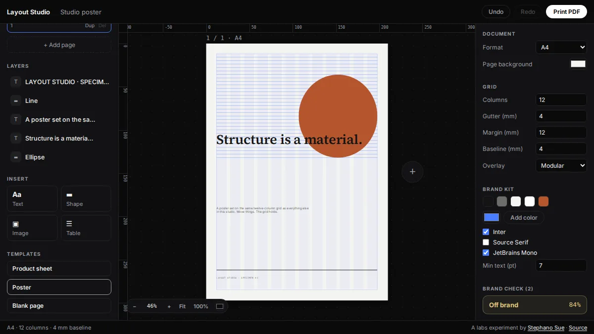 Layout Studio workspace showing a poster template aligned to a visible column and baseline grid