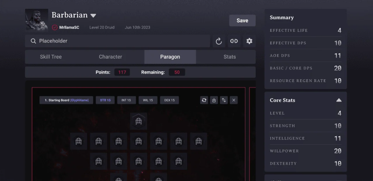 Archived Diablo Builds character-planner UI showing paragon and character statistics