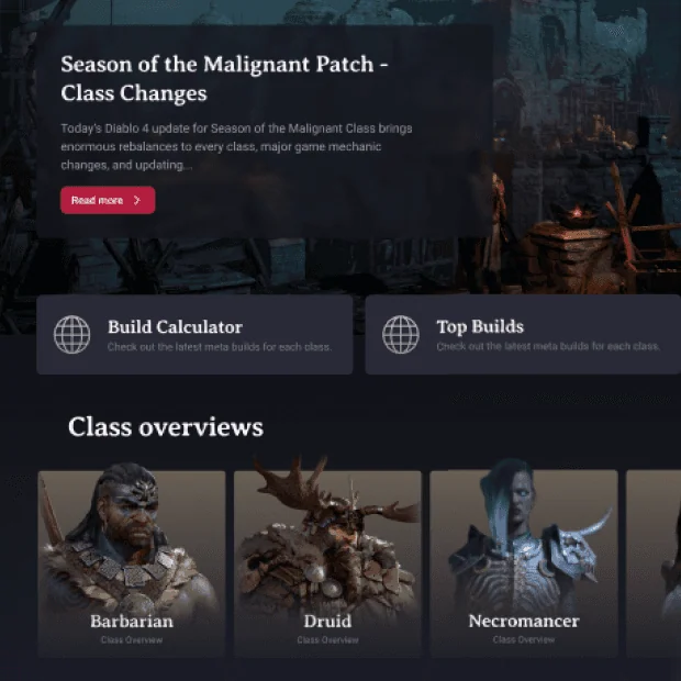 Diablo Builds responsive interface concept with a guide, build tools, and class overview cards