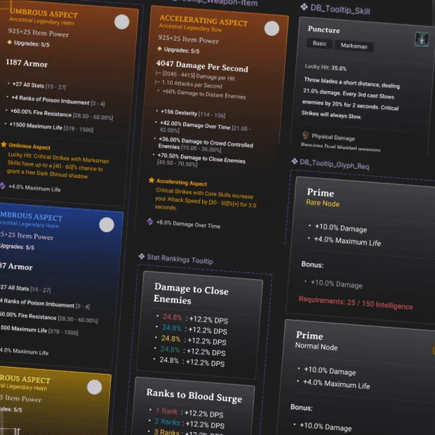 Diablo Builds tooltip component studies for items, skills, glyphs, and statistics