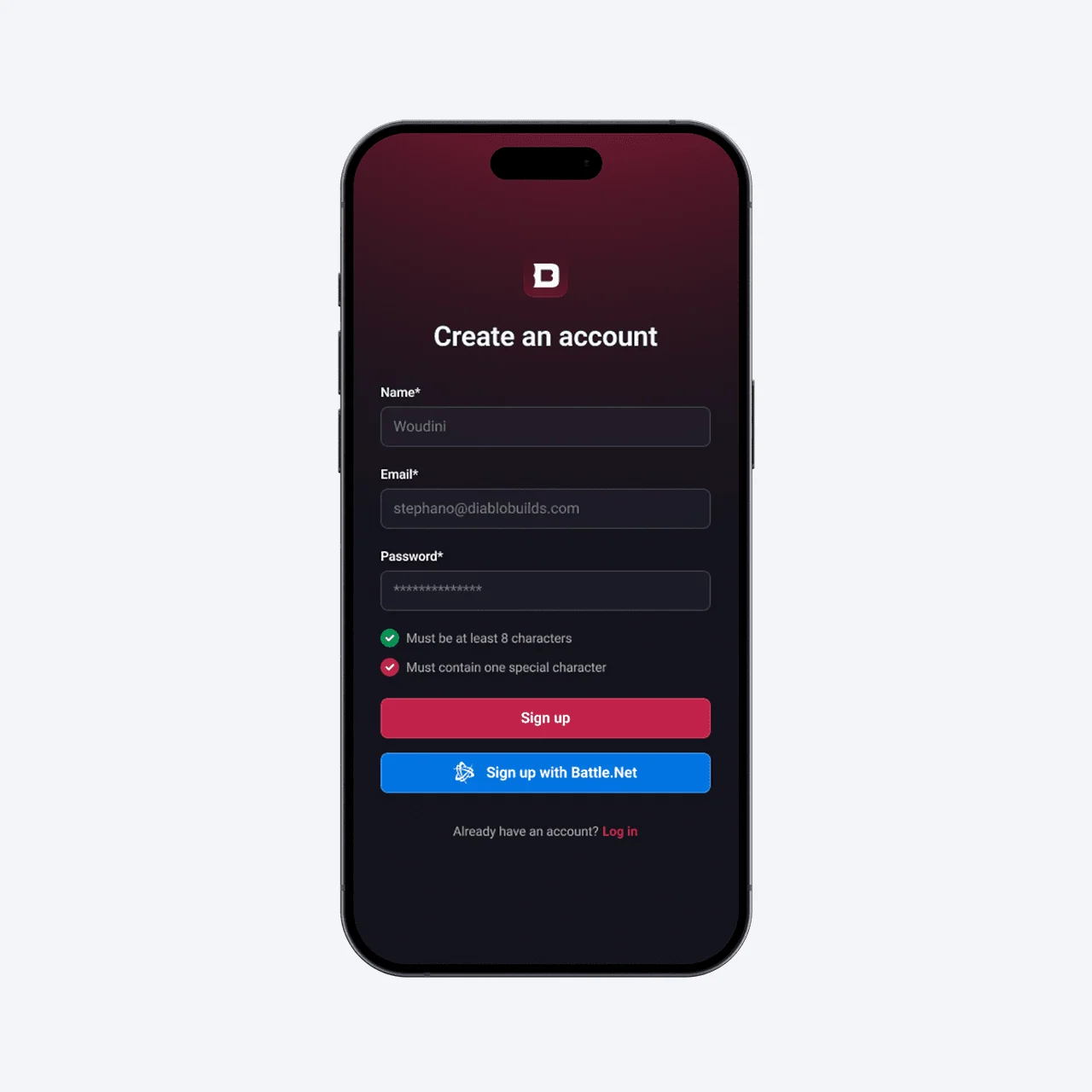 Archived Diablo Builds account-creation UI shown in a phone mockup with an old project-domain email