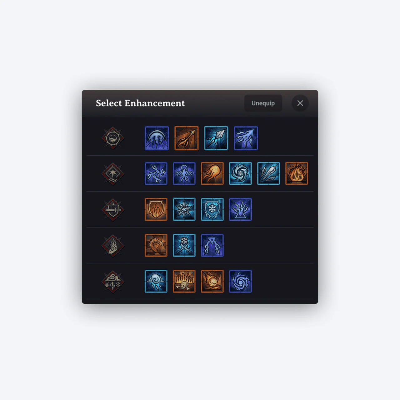 Diablo Builds skill-selection interface prototype with enhancement icons