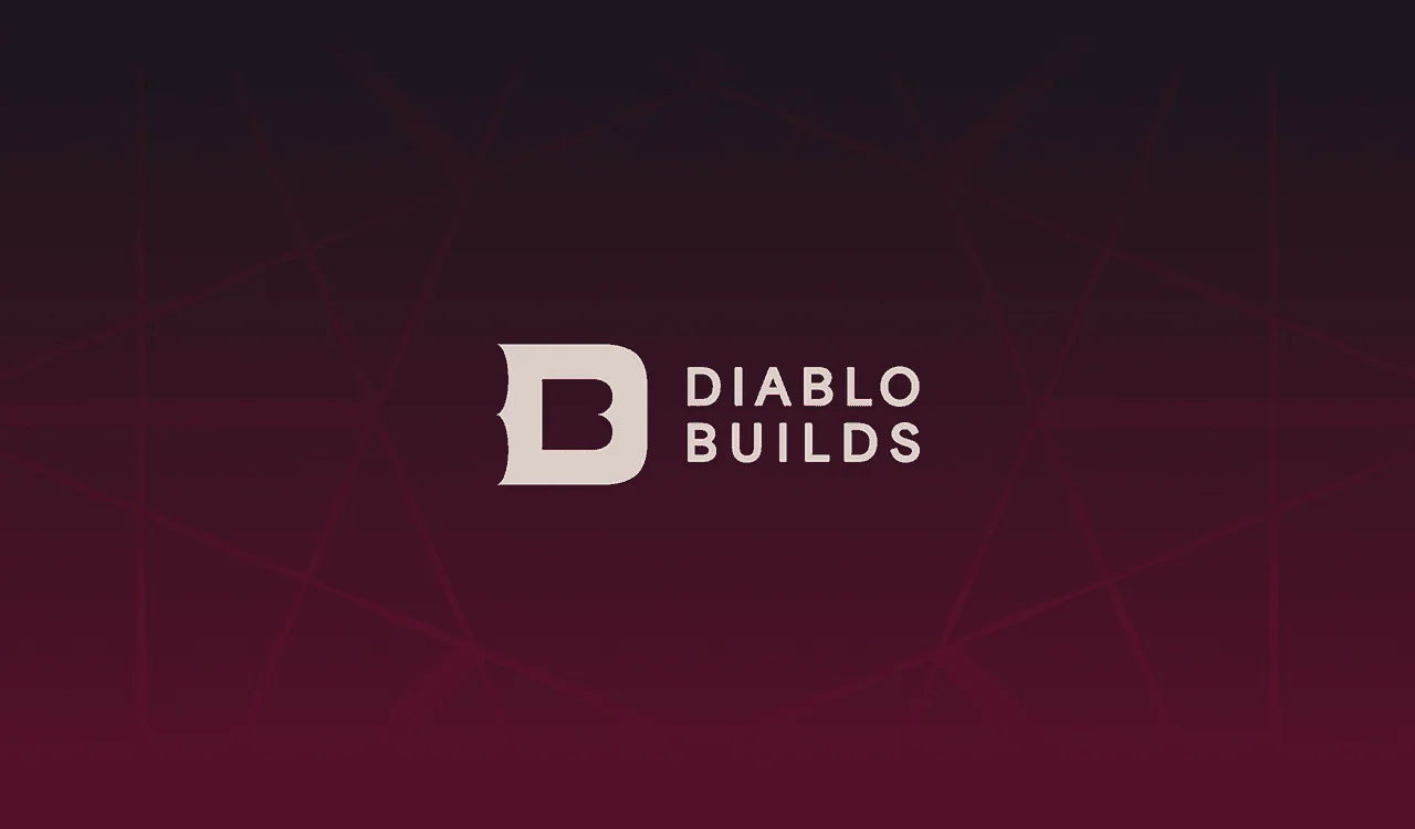 Diablo Builds identity study with a white monogram and wordmark on a dark red background