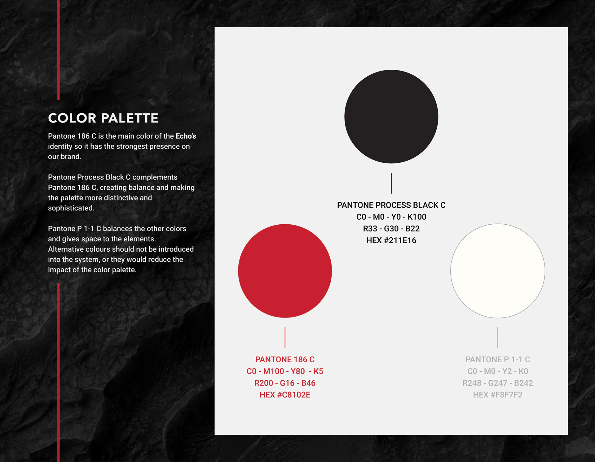 Echo brand guide page showing red, black, and off-white color values