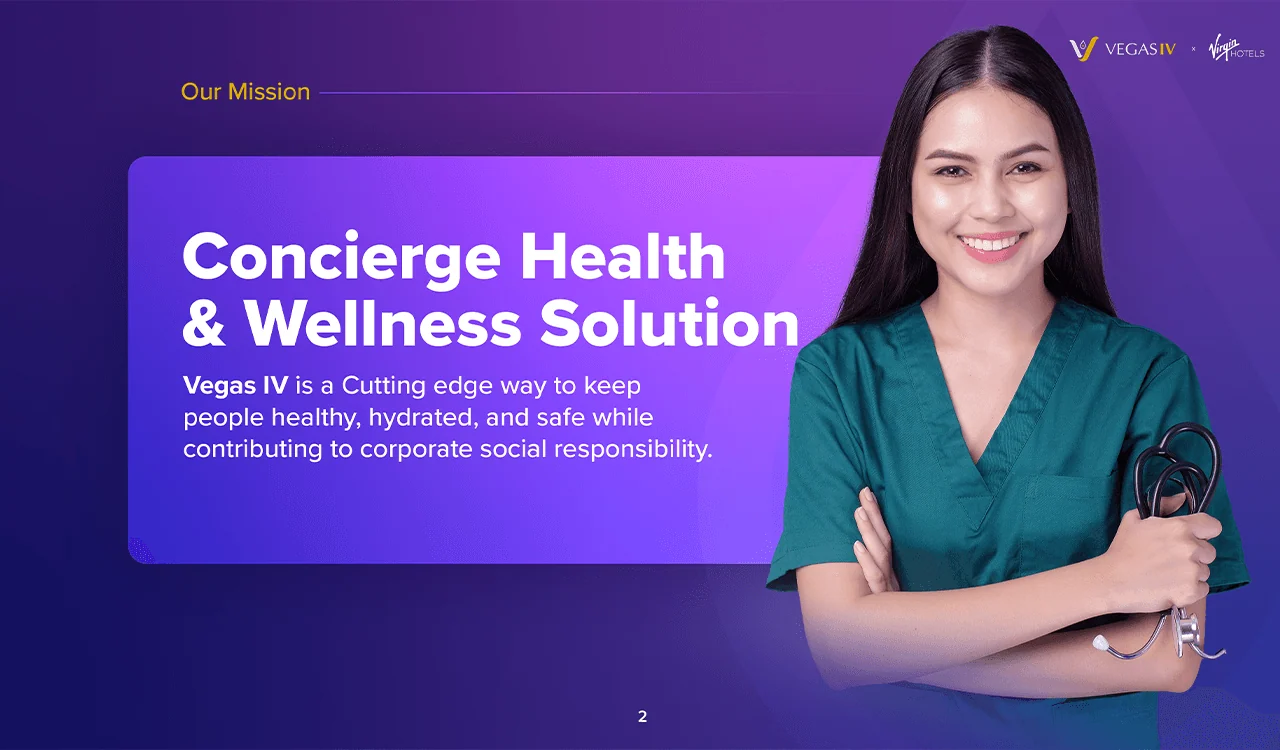 Vegas IV mission slide about concierge health and wellness