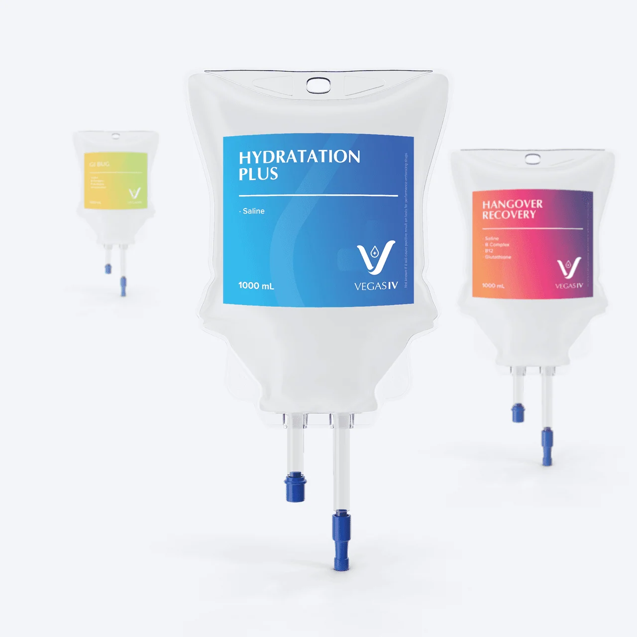 Three Vegas IV fluid bags showing colorful treatment label variants