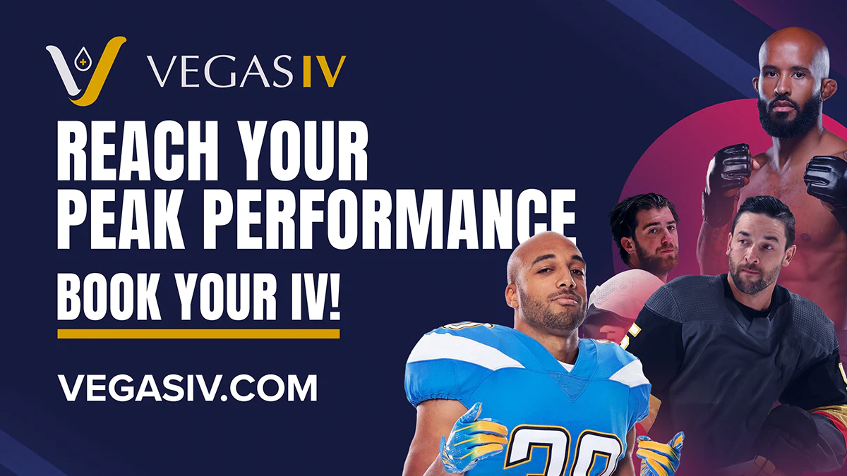 Vegas IV campaign graphic featuring an athlete and a call to book an IV