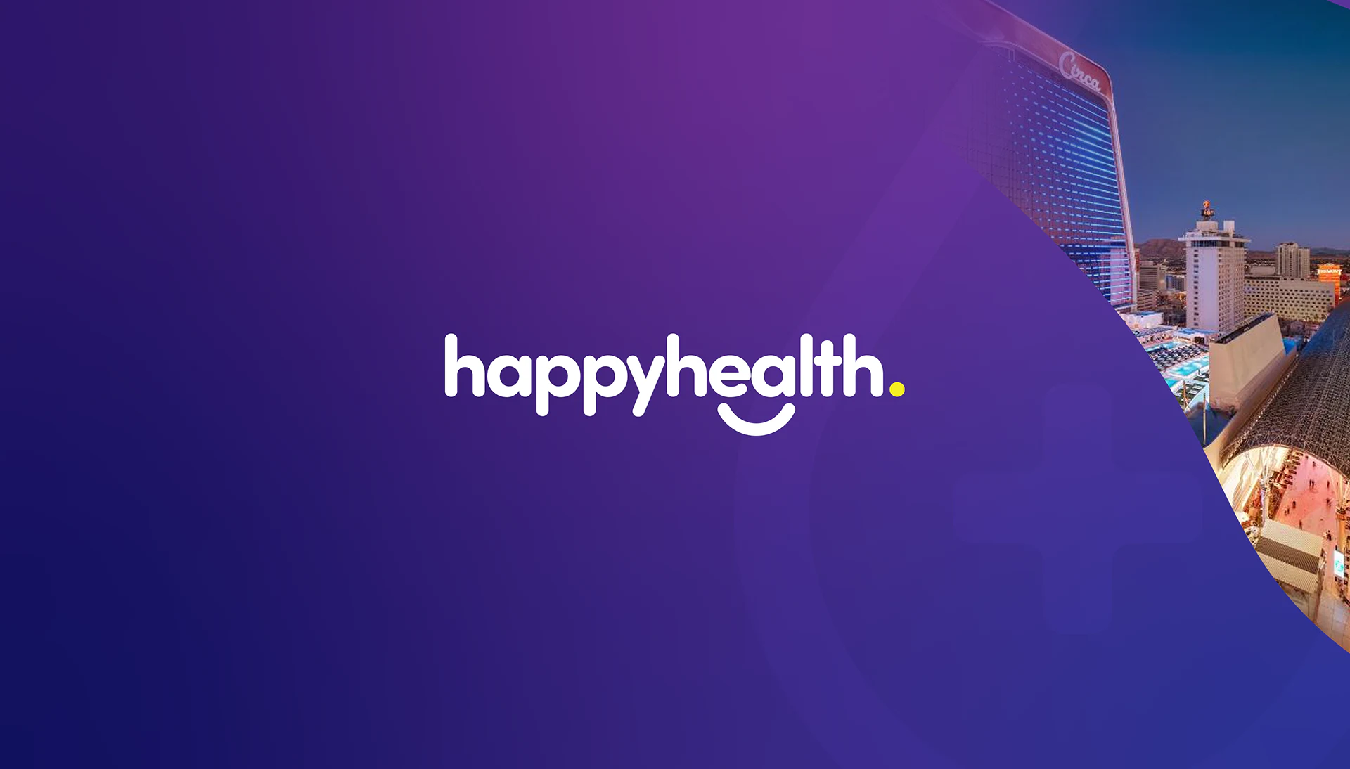 Happy Health wordmark on a purple and blue identity cover with a Las Vegas city detail