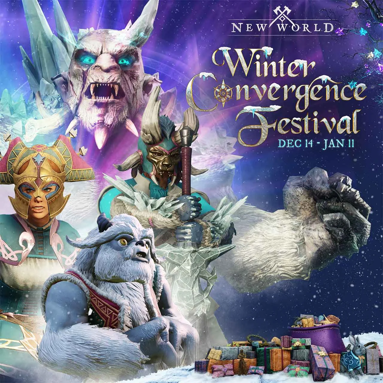 New World Winter Convergence Festival campaign artwork with seasonal characters and rewards