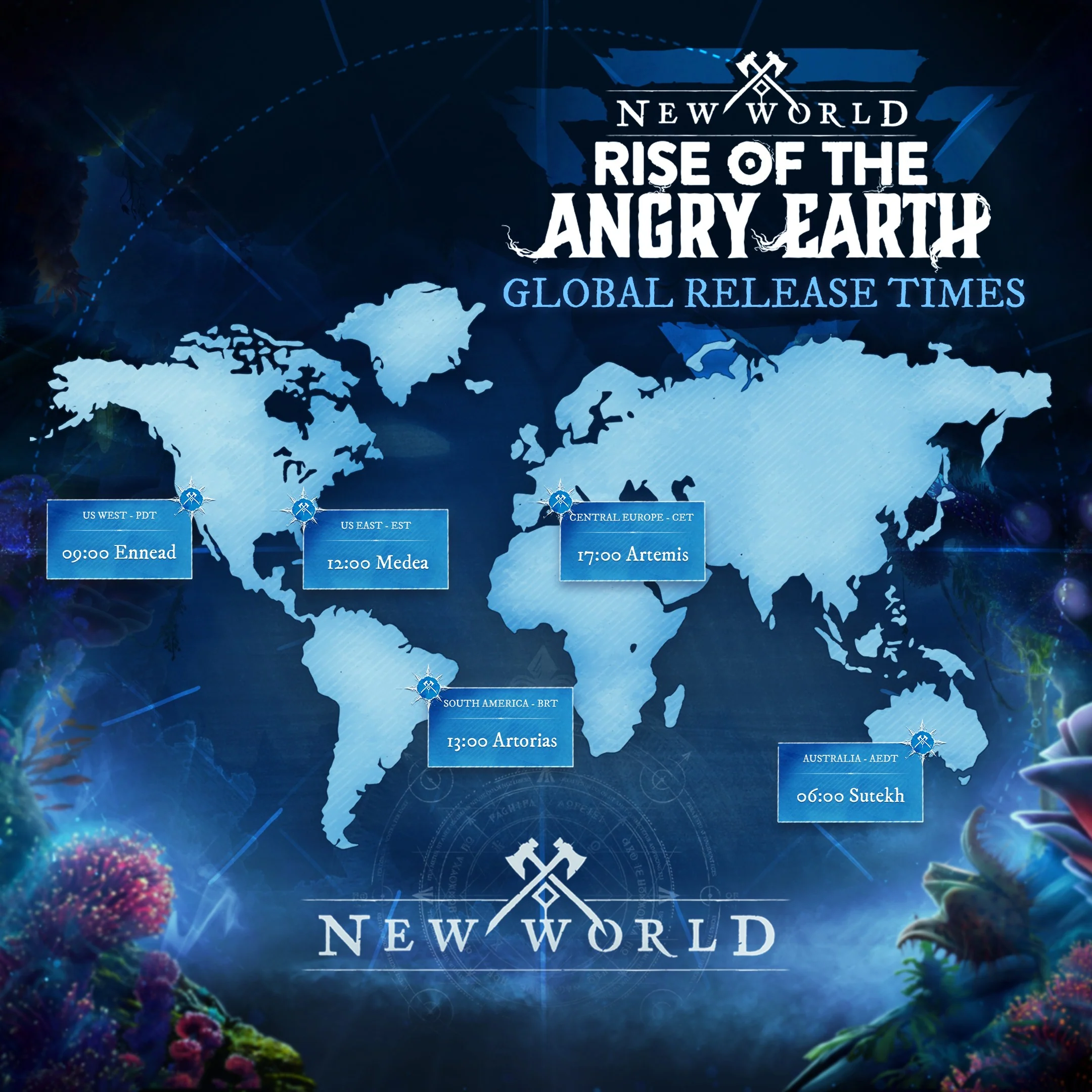 New World Rise of the Angry Earth global release-times campaign graphic