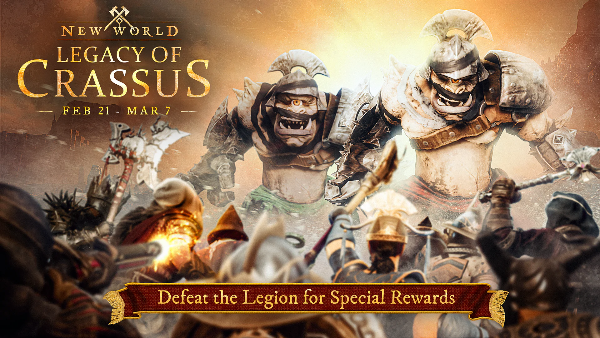 New World Legacy of Crassus campaign artwork featuring Roman-inspired armored characters