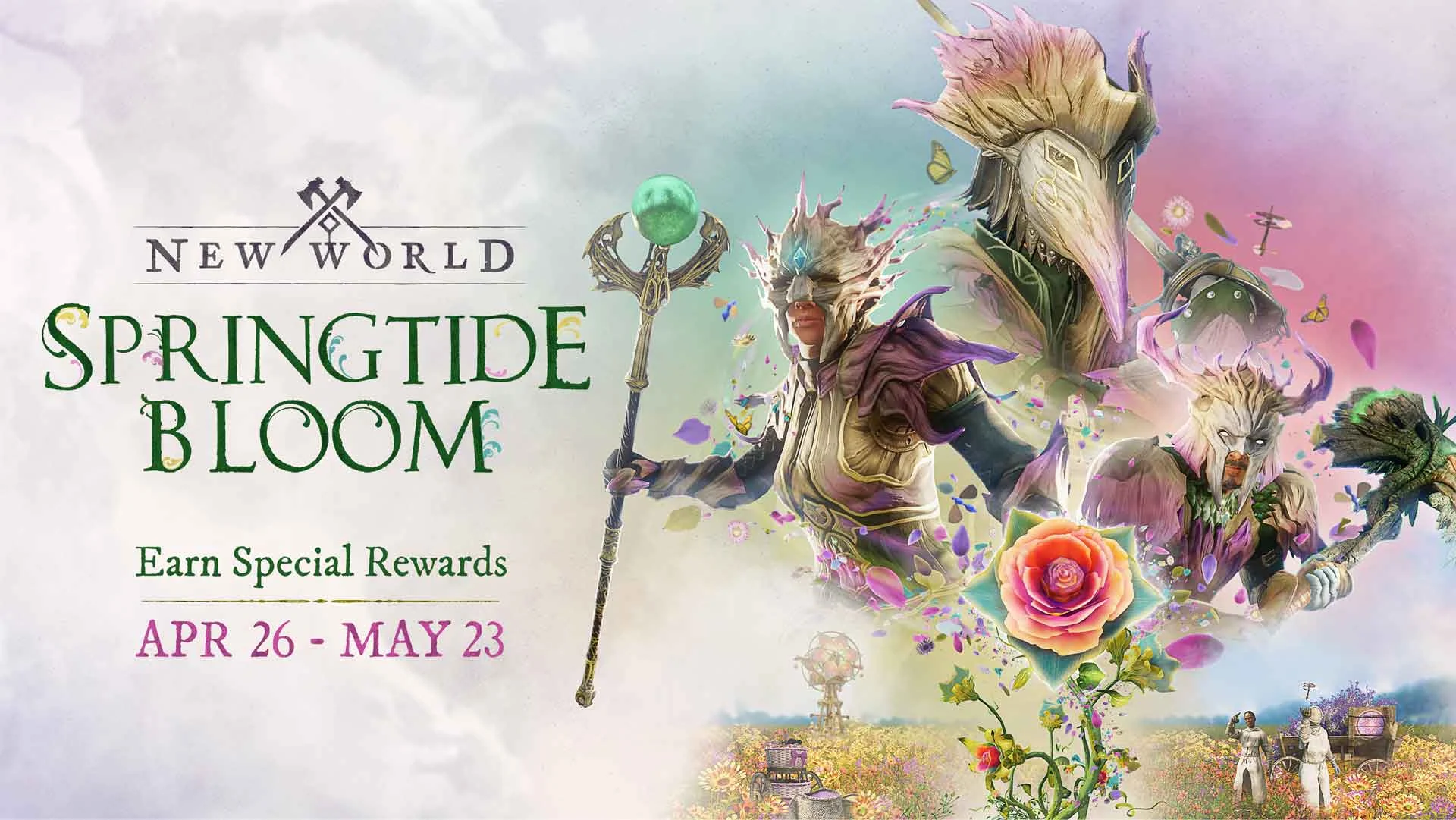 New World Springtide Bloom campaign artwork featuring fantasy characters and floral event imagery