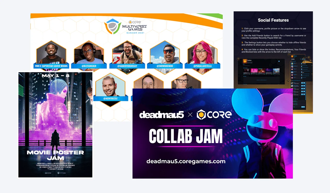 Collage of Core campaign assets for deadmau5, Multiverse Games, Movie Poster Jam, and social features