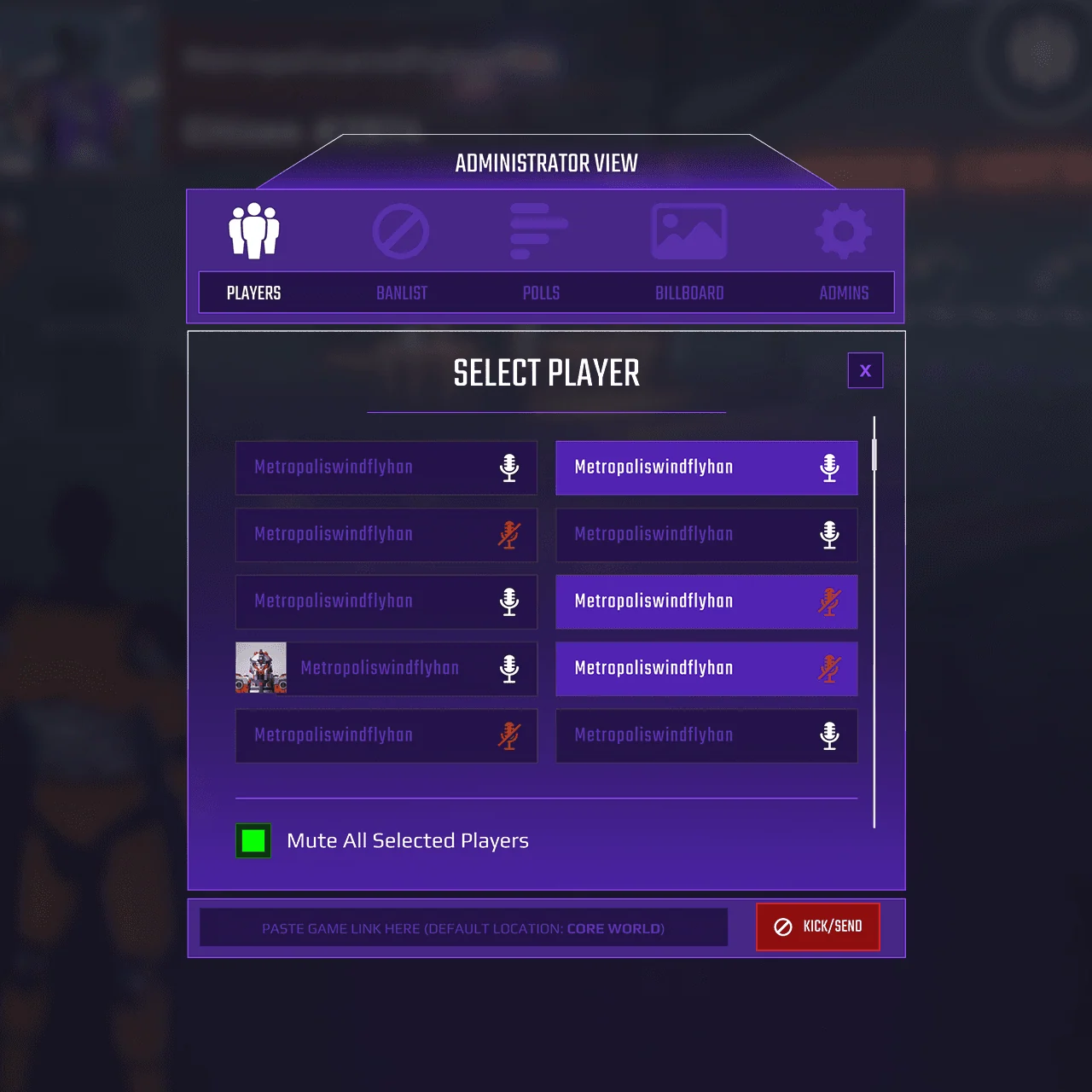 Core administrator interface with player, moderation, and event controls