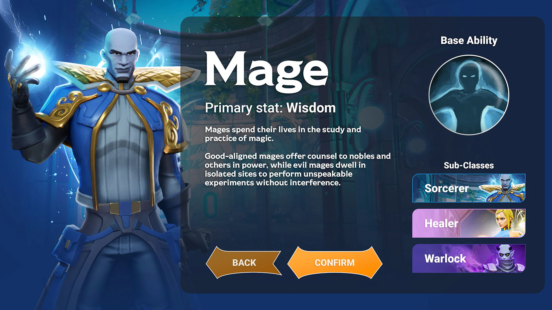Core Mage class selection interface with abilities and customization controls