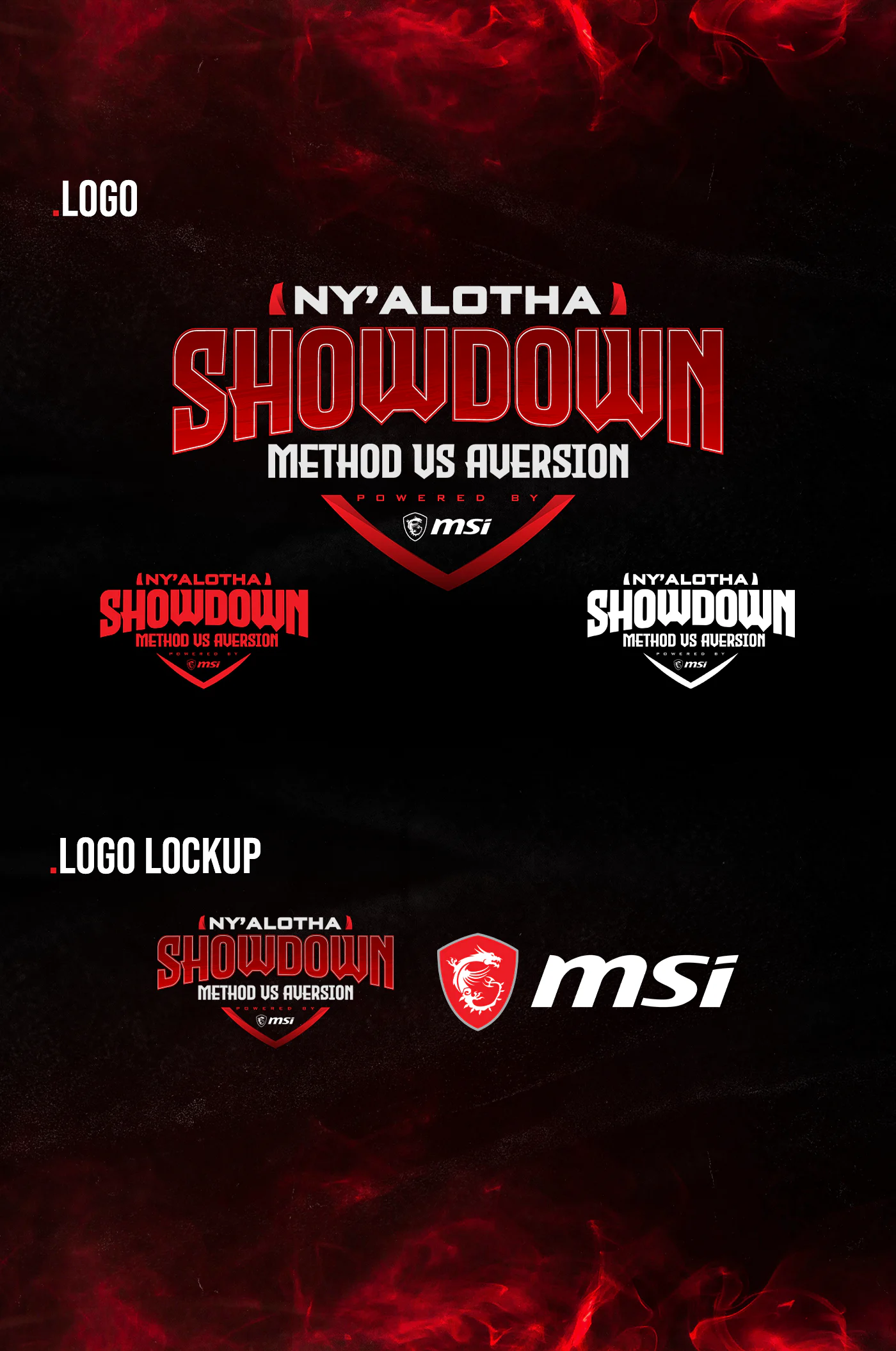 Ny'alotha Showdown identity sheet with logo lockups, typography, colors, and key visual