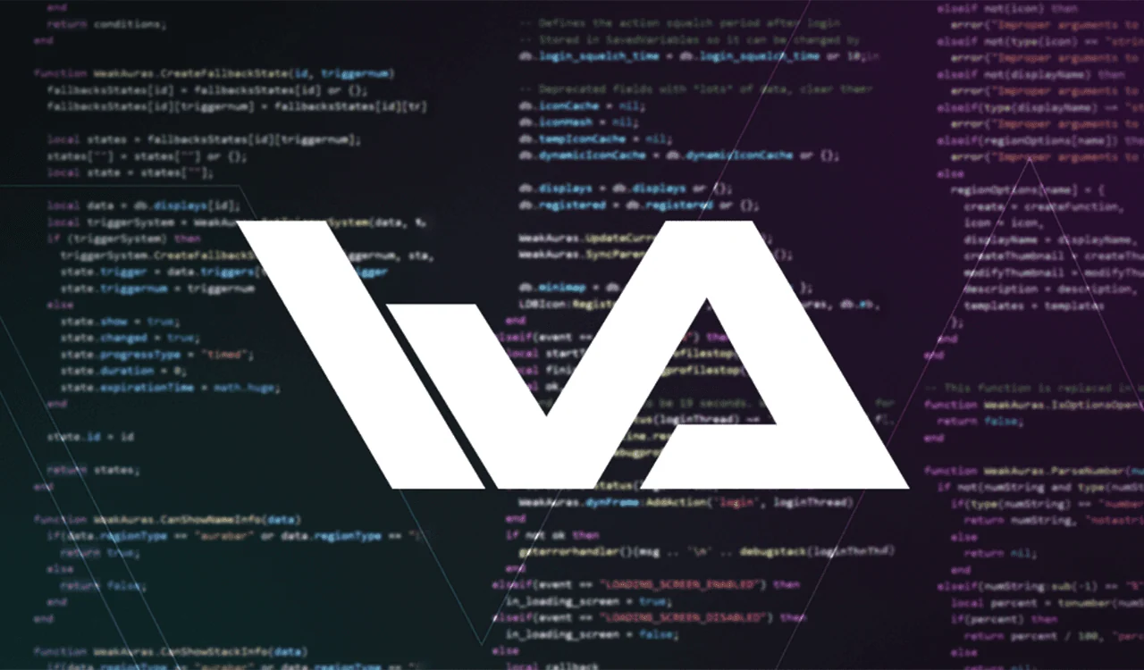 White WeakAuras monogram displayed over source code