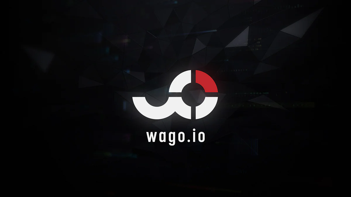 Wago.io circular identity mark on a dark geometric background