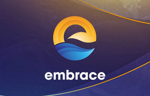 Yellow and blue Embrace identity on a purple background
