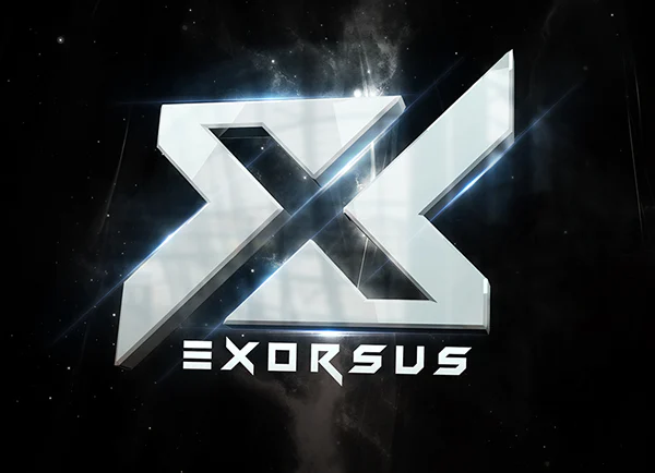 Angular metallic Exorsus wordmark on a dark textured background