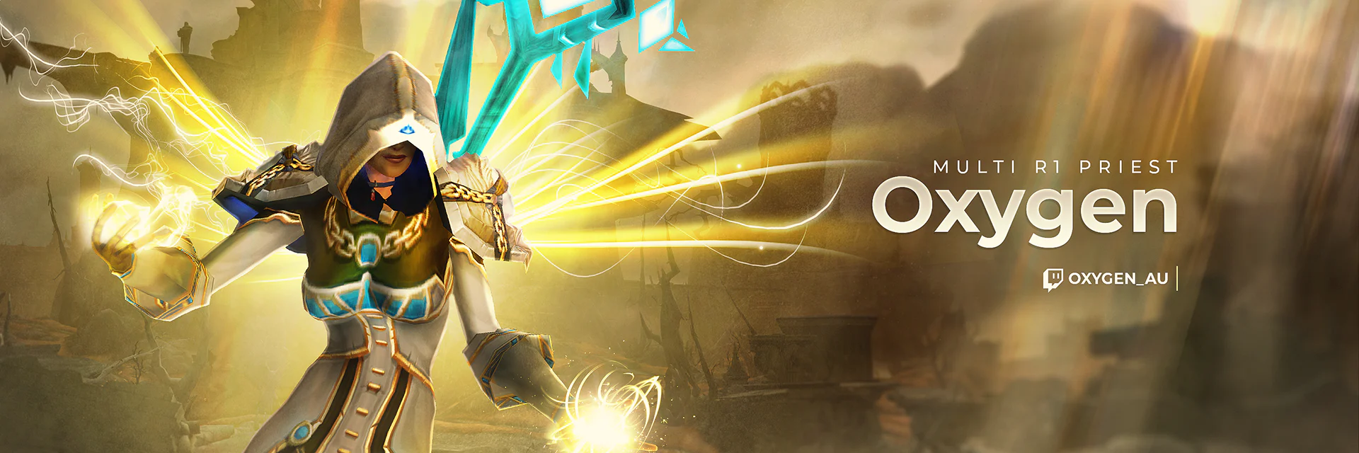 Oxygen channel banner with a gold armored character and bright spell effects