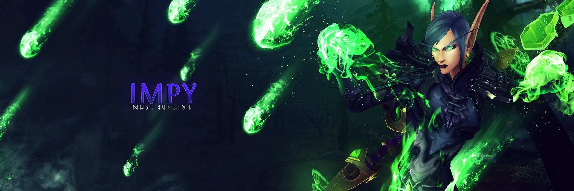 Impy channel banner with a green-lit character and spell effects